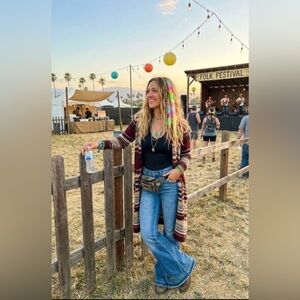 Forever 21 Burgundy and Cream Striped Long Cardigan